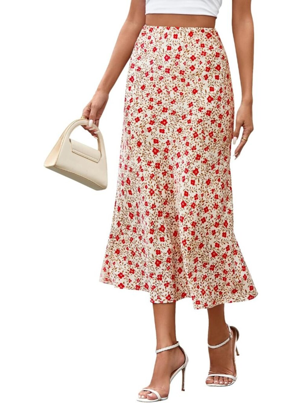 Women Floral Apricot Red High Waisted A-Line Silky Flowy Bias Cut Midi Skirt
